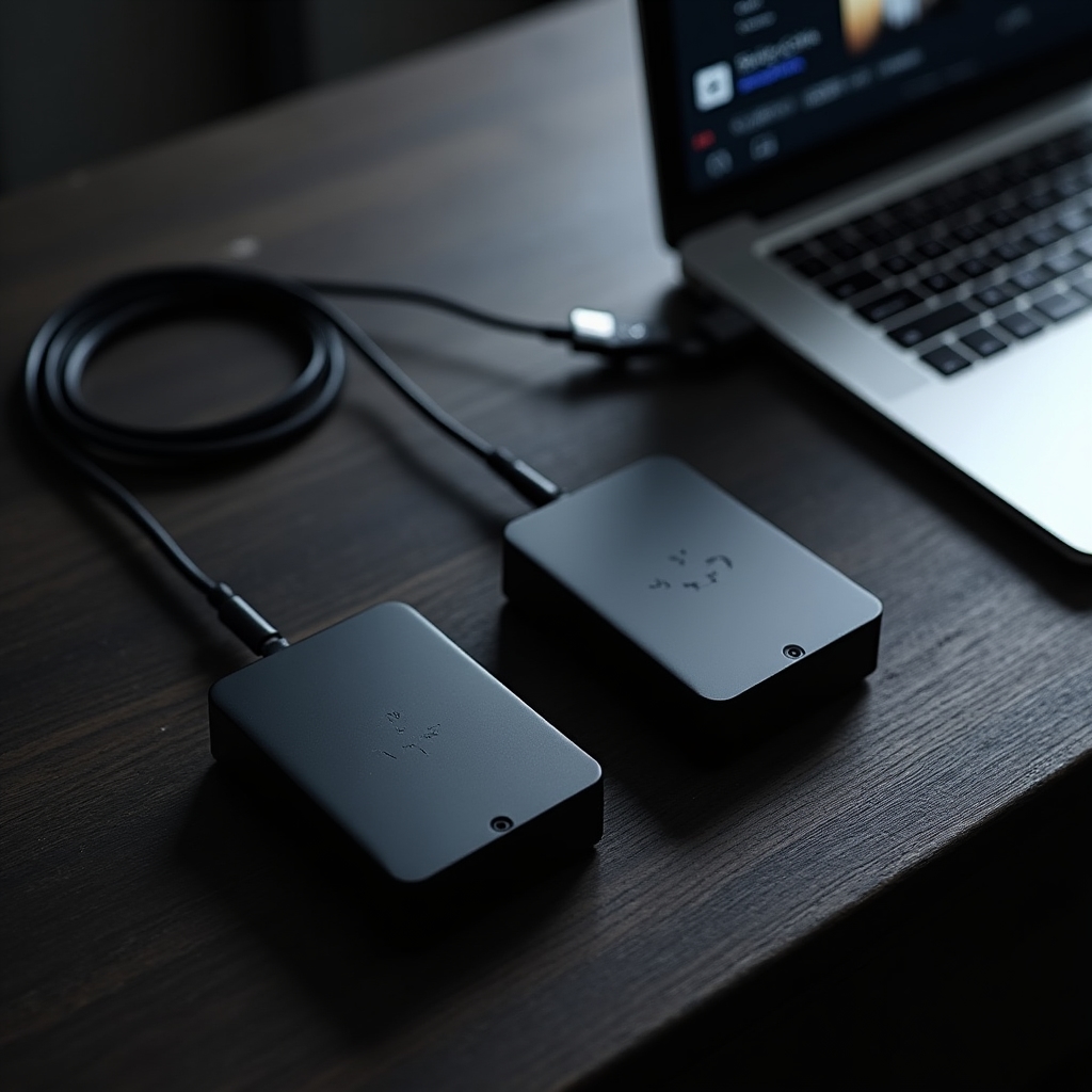 Externe Festplatten und ein Laptop mit Videoschnittsoftware auf einem Schreibtisch