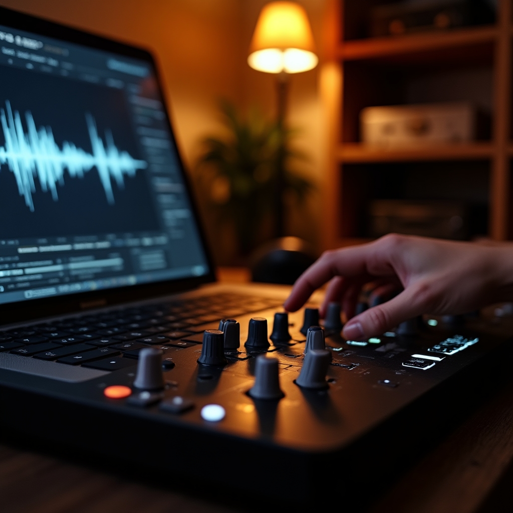 Nahaufnahme eines Audiomischpults während der Musikauswahl für einen Hochzeitsfilm