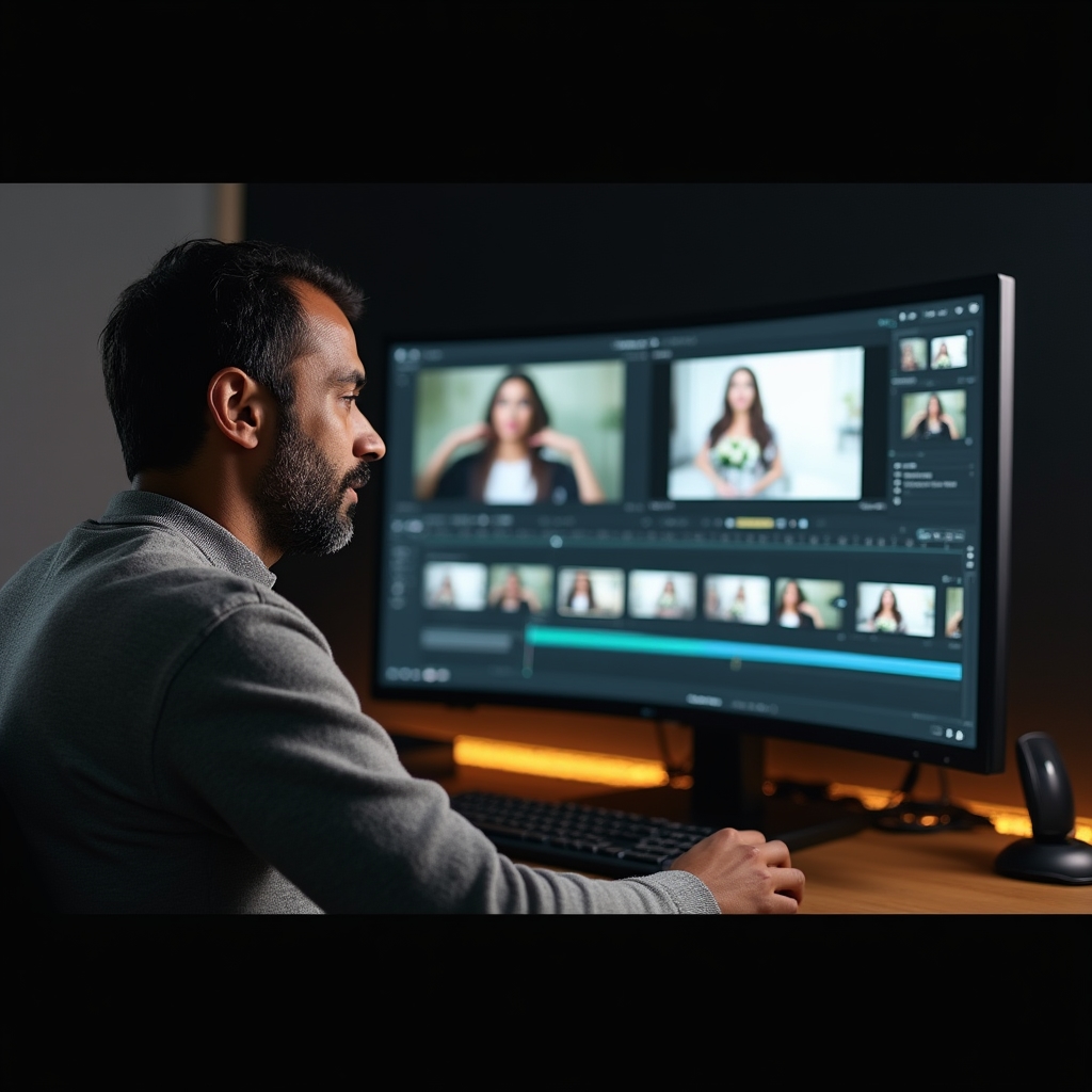 Editor sichtet Videomaterial einer Hochzeit auf einem großen Monitor
