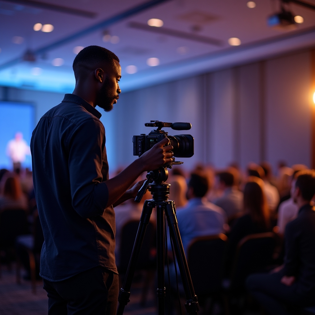 Eventfilmer dokumentiert eine Firmenveranstaltung mit einer Kamera auf Stativ im Konferenzsaal