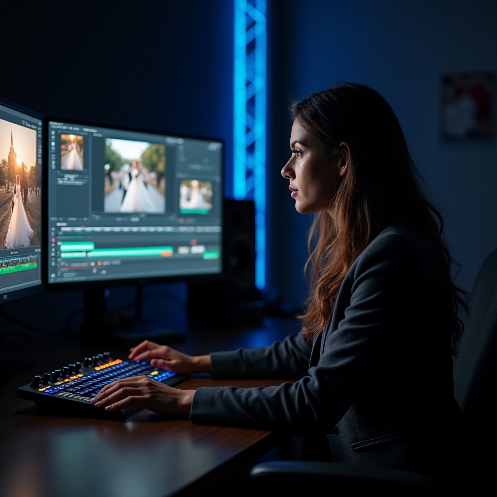 Editor arbeitet an Farbkorrektur eines Hochzeitsvideos an einem Schnittplatz mit mehreren Monitoren