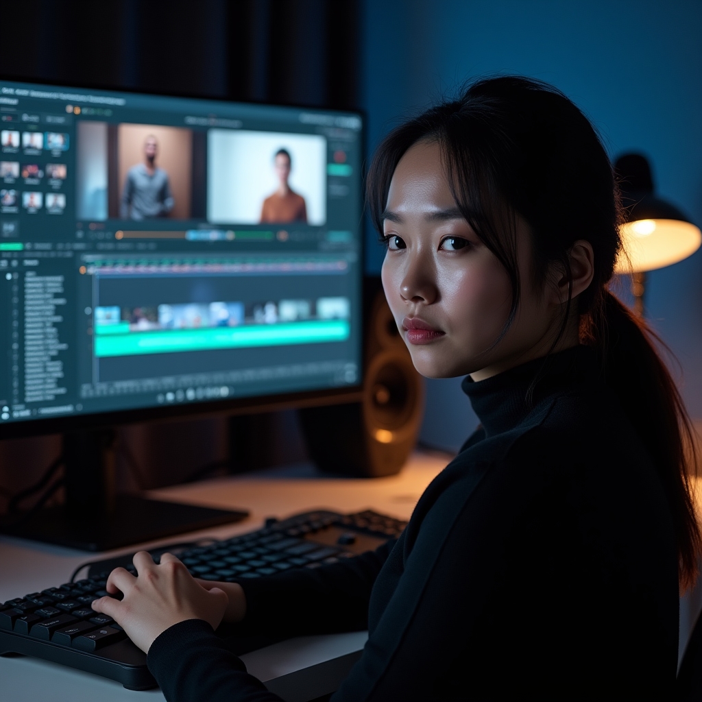 Editor prüft die Zeitleiste eines Videoschnitts an einem Doppelmonitor-Arbeitsplatz