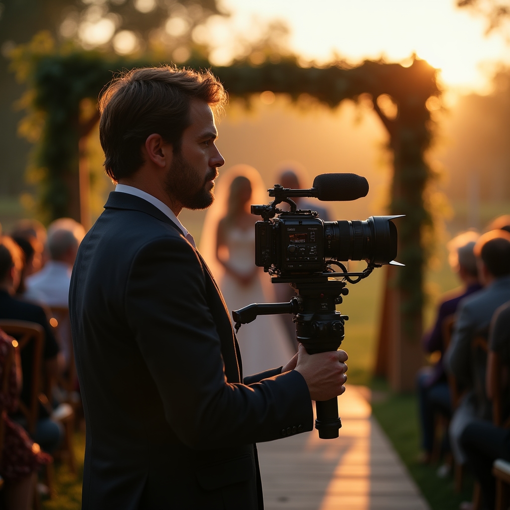 Videofilmer filmt eine Hochzeitszeremonie im Freien bei goldenem Licht