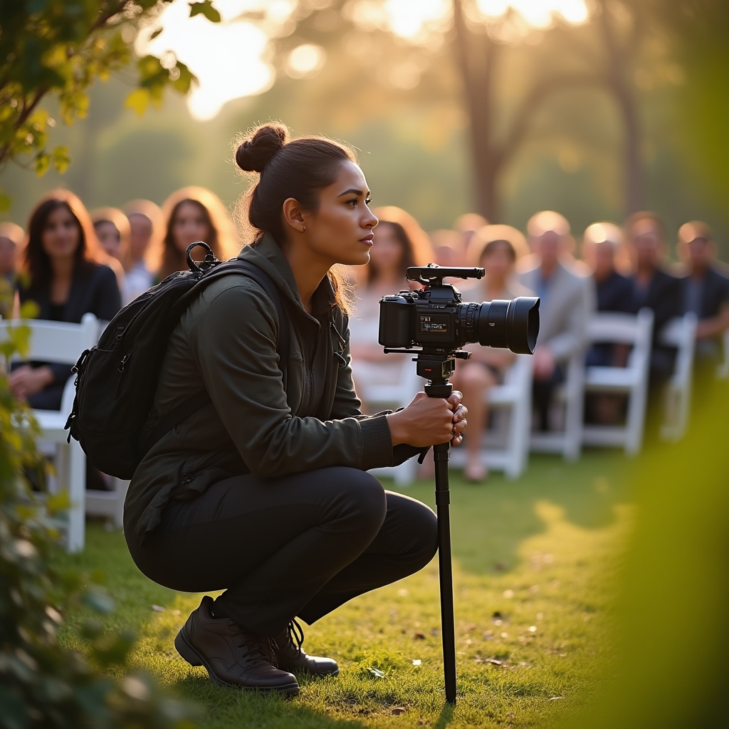 Eventfilmer filmt eine Trauzeremonie im Freien mit einer Schulterkamera